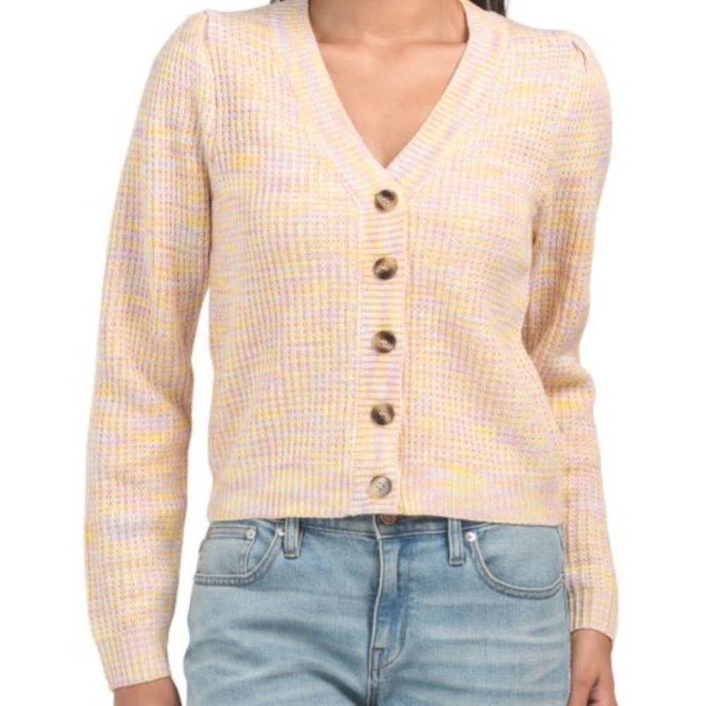 Heartloom Button Front Puff Shoulder Marled Sweater NWT